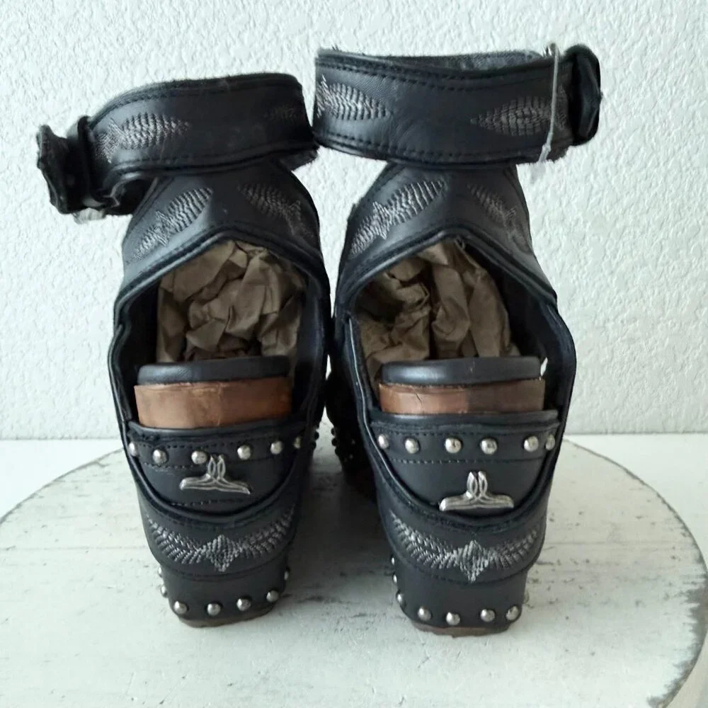 Lane Lexington Jet Black Leather Western Wedges Sandals Wood Heel Womens 7.5 - Picture 3 of 9